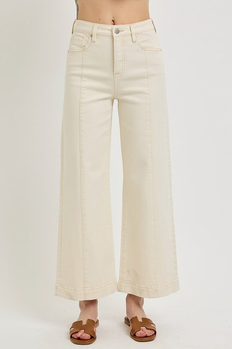 Tummy Control High Rise Crop Detail Wide Jeans Ivory