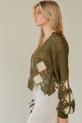 Crochet V Neck Long Sleeve Knit Top Olive