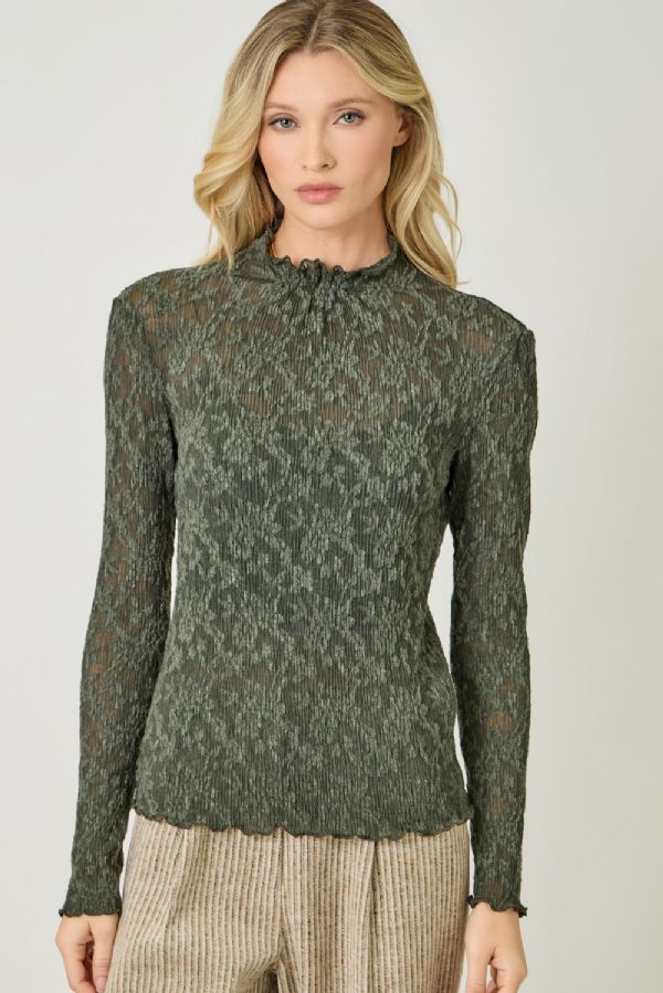 Lettuce Edge Textured Knit Top Deep Green