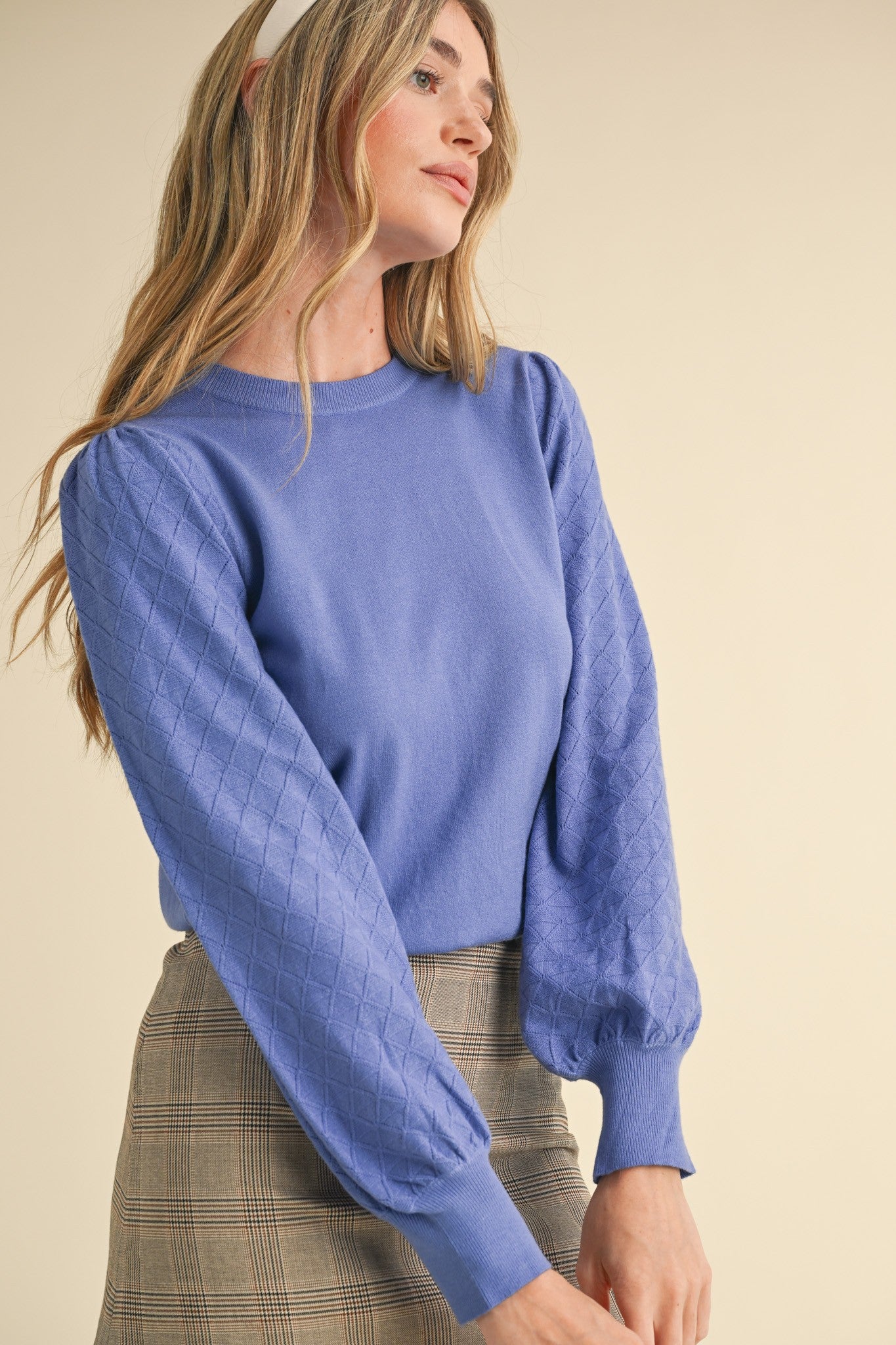 Lightweight Knit Pointelle Sleeve Sweater Blue Orchid