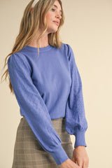 Lightweight Knit Pointelle Sleeve Sweater Blue Orchid