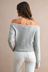 Off Shoulder Cropped Button Sweater Cardi Heather Grey
