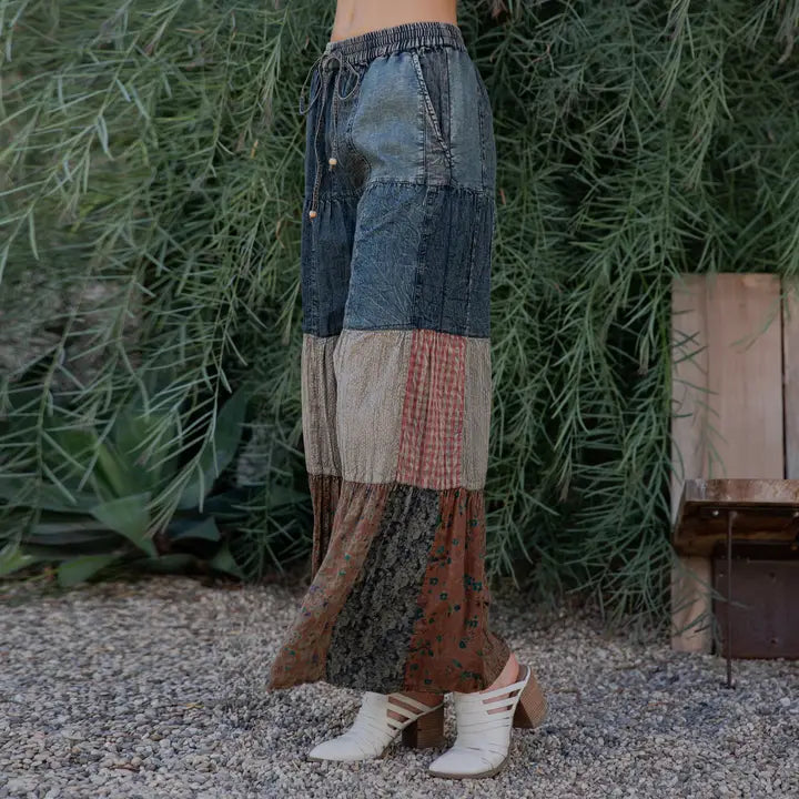 Boho Tiered Patch Denim Pants Vintage