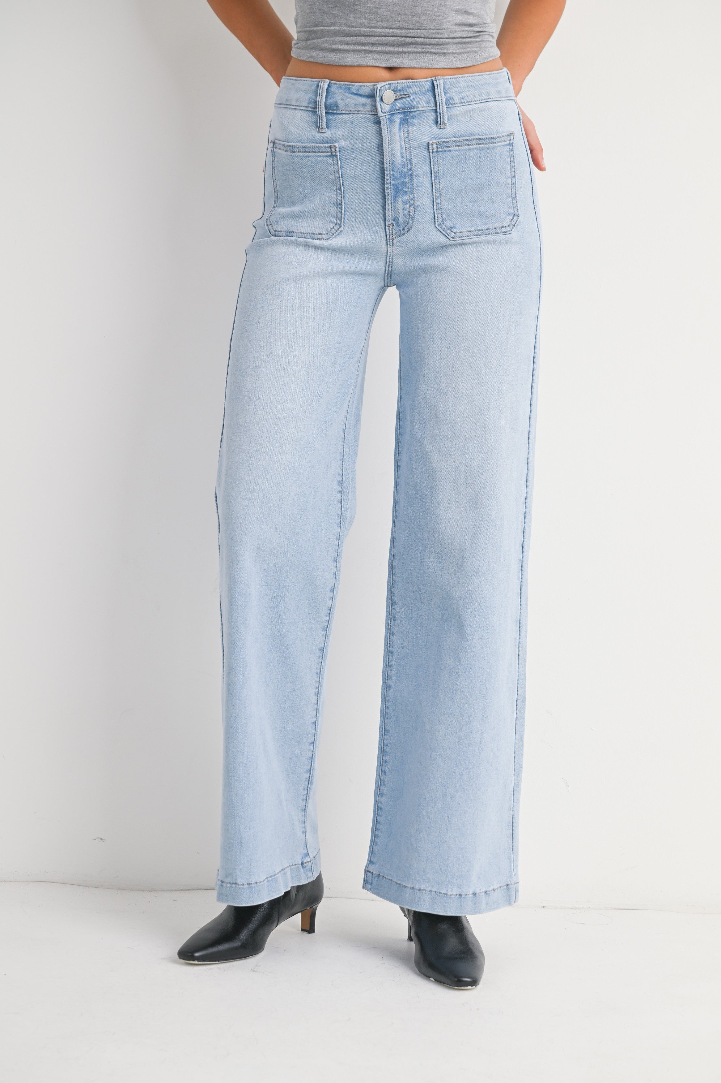 Mini Patch Pocket Wide Hem Flare Jeans Light Denim