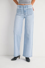 Mini Patch Pocket Wide Hem Flare Jeans Light Denim