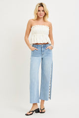 High Rise Crop Wide Flower Lace Jeans Light