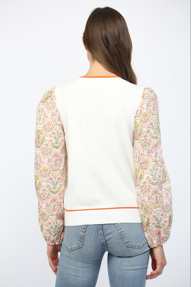 Contrast Botanical Print Buff Sleeve Sweater Top Cream