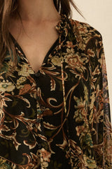 Floral Print Flared Ruffle Cuff Mesh Top Black