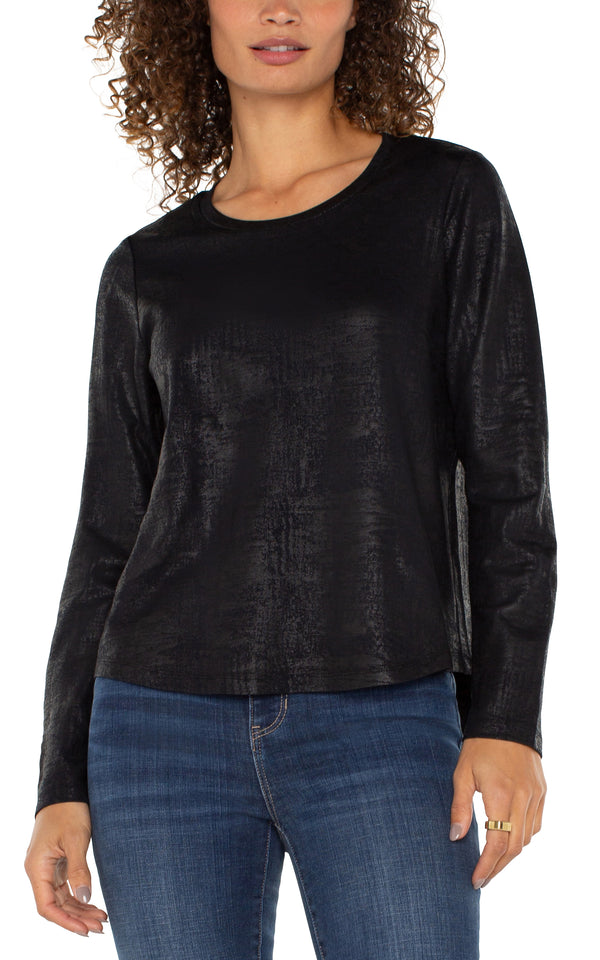 Curved Hem Scoop Neck Long Sleeve Knit Top Distressed Black