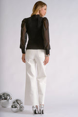 Sheer Puff Sleeve Mix Media Mock Neck Top Black