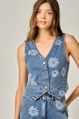 Daisy Printed Denim Vest Light Denim Blue