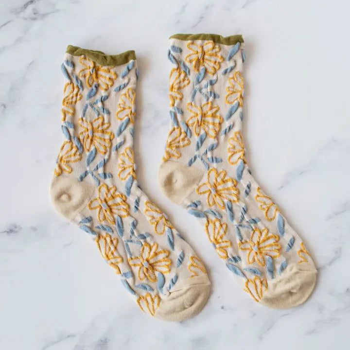 Unique Vintage Floral Socks Olive + Beige