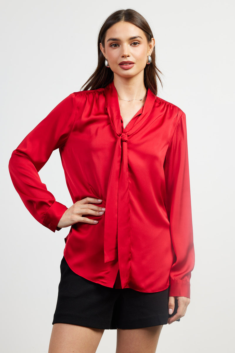 Shoulder Shirred Tied Scarf Neck Satin Blouse Ruby Red