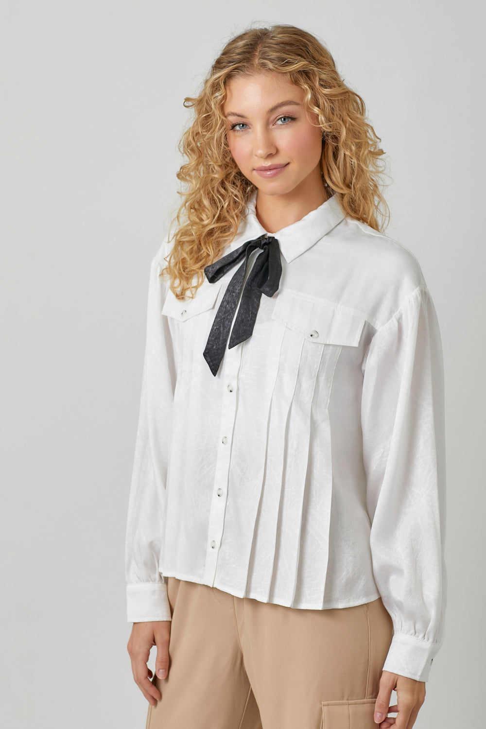 Detachable Tie Neck Pleated Satin Button Down Off White