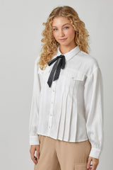 Detachable Tie Neck Pleated Satin Button Down Off White