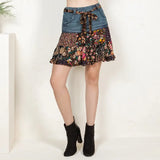 Tied Belt Denim Patchwork Mini Skirt Floral