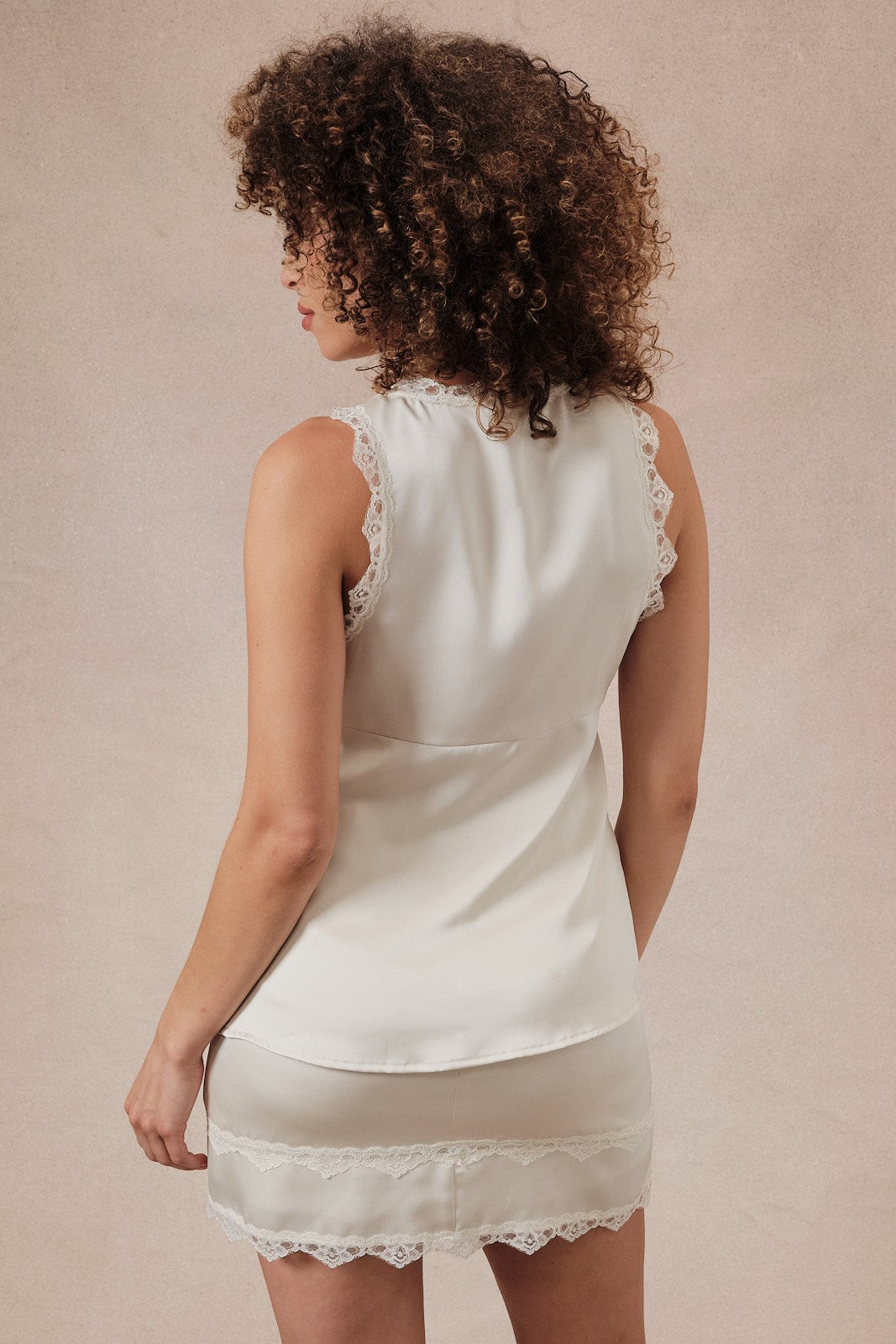 Lace Applique Front Button Satin Tank Cream