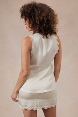 Lace Applique Front Button Satin Tank Cream