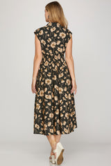 Botanical Poppy Smock Detail Zip Midi Dress Black