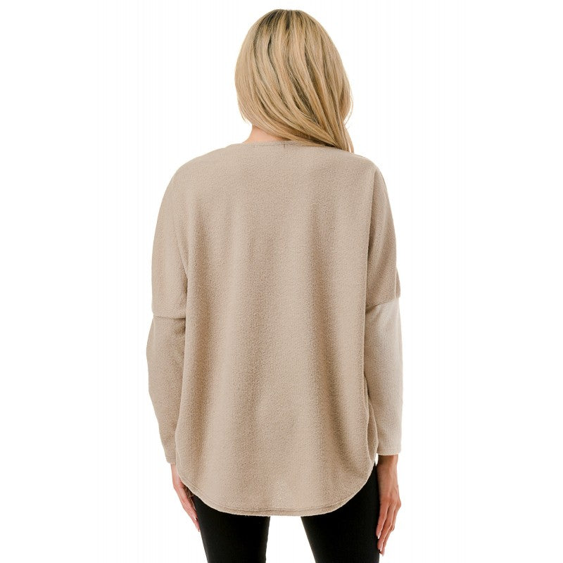 Colorblock Dolman Sleeve Zipper Top Ivory + Taupe