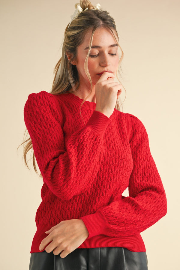 Puff Sleeve Scalloped Pointelle Sweater Red