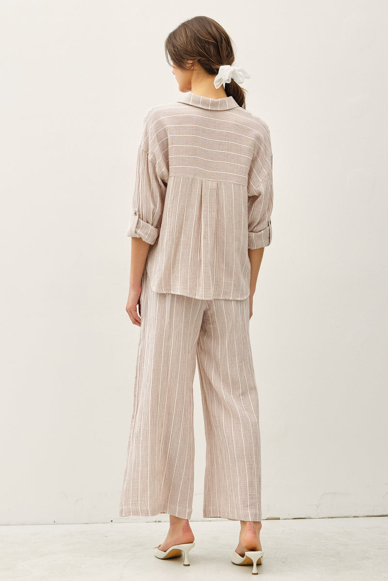 Cropped Boxy Stripe Gauze Button Up Top Amber