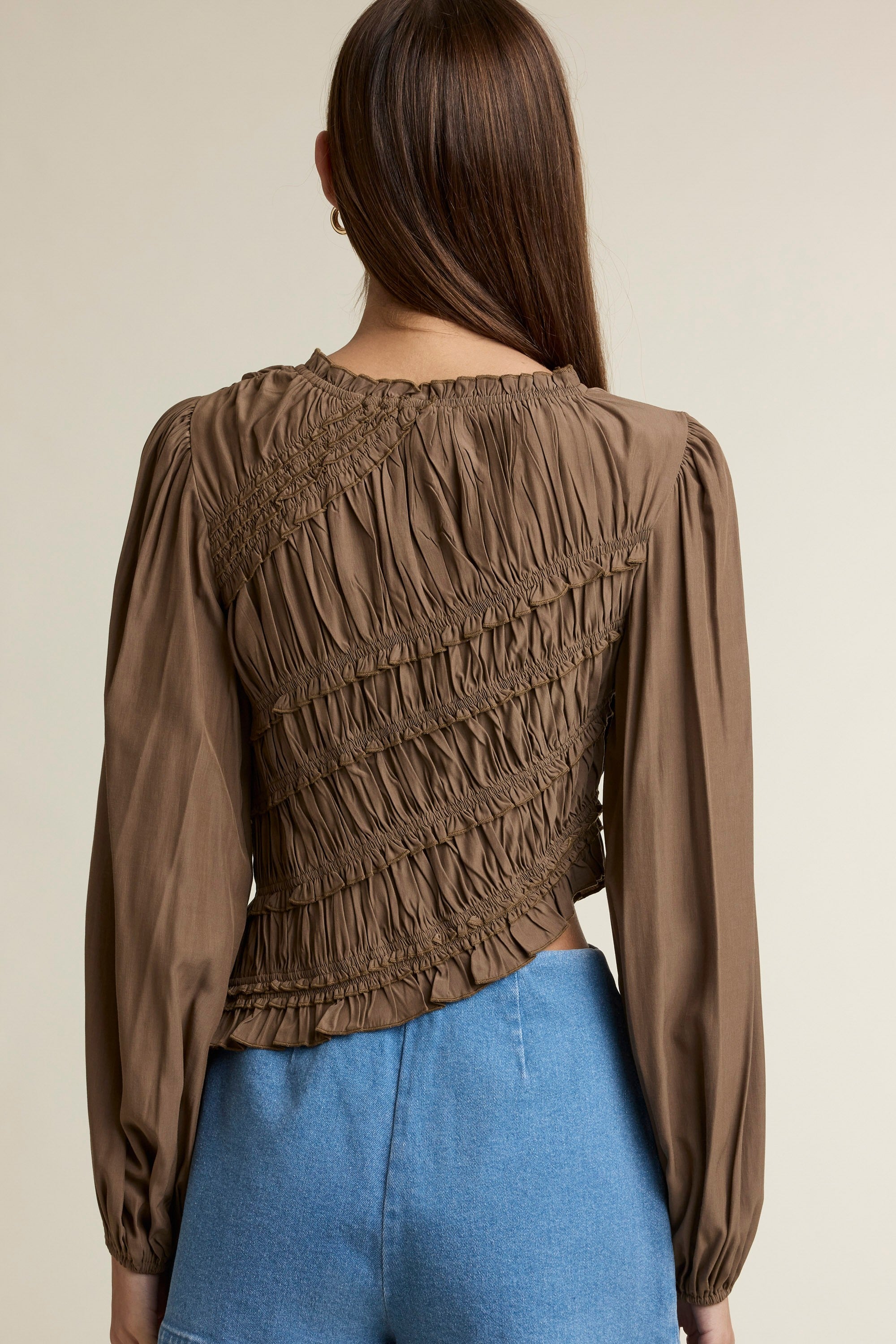 Ruched Long Sleeve Asymmetric Hem Top Brown