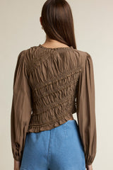 Ruched Long Sleeve Asymmetric Hem Top Brown