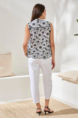Button Front Embroidered Floral Frill Tank White + Black