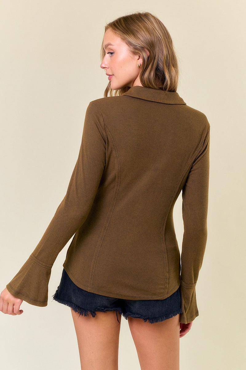 Vintage Washed Snap Button Front Bell Sleeve Shirt