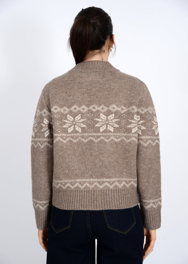 Nayeli Snowflake Print Zip Sweater Cardi Taupe