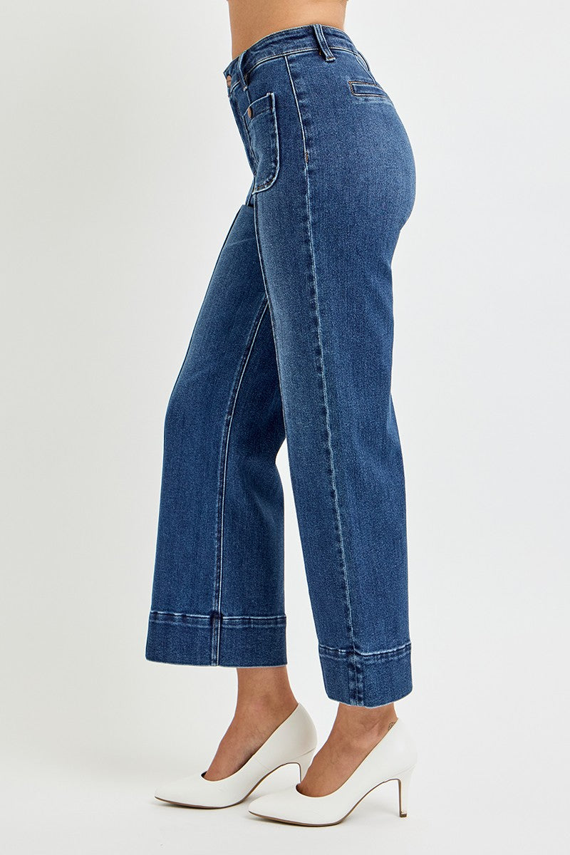 High Rise Pintuck Patch Pocket Crop Wide Leg Jeans Dark