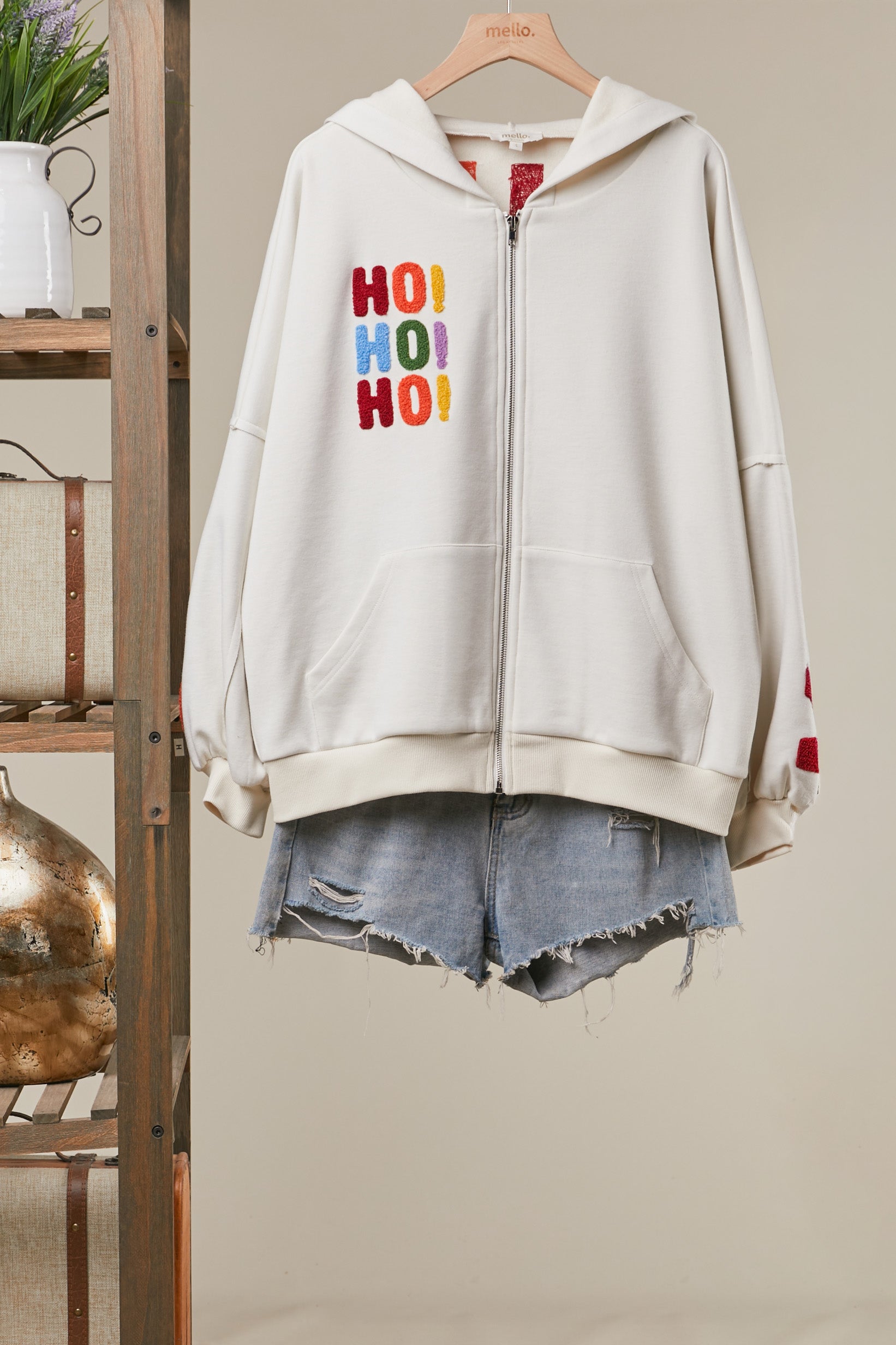 Textured Lettering HoHoHo Zip Up Hoodie Ivory