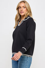 Embroidered Contrast Collared Sweater Black
