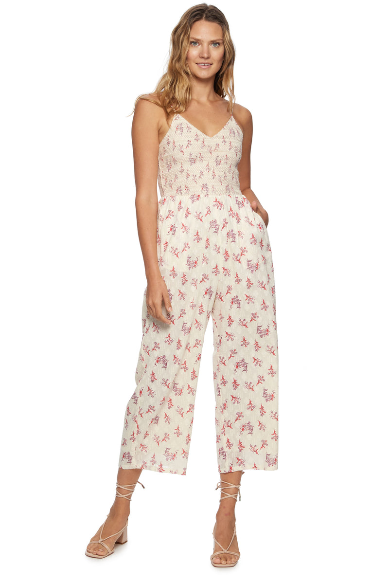 Jenny Printed Jacquard Smocked Bodice Jumpsuit