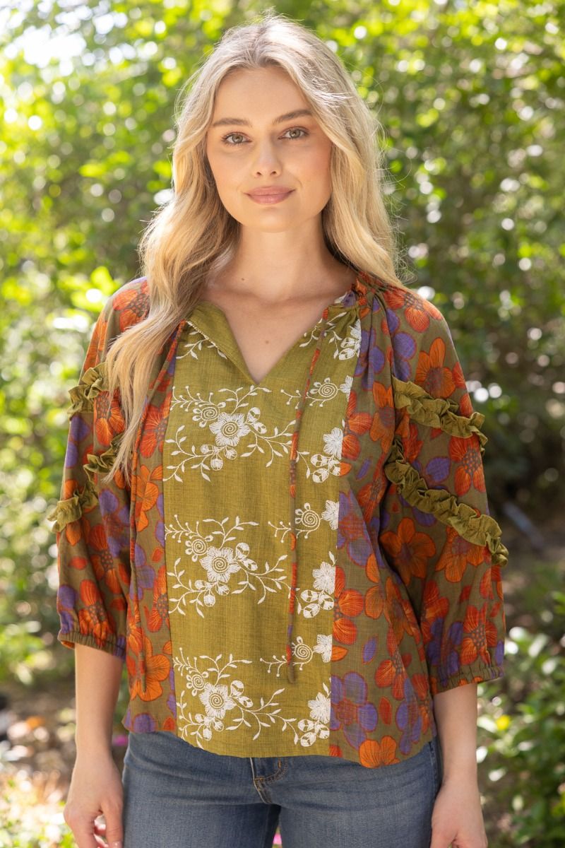 3/4 Sleeve Ruffle Detail Color Block Printed Top Olive