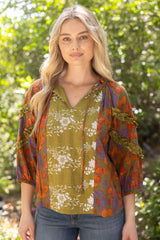 3/4 Sleeve Ruffle Detail Color Block Printed Top Olive