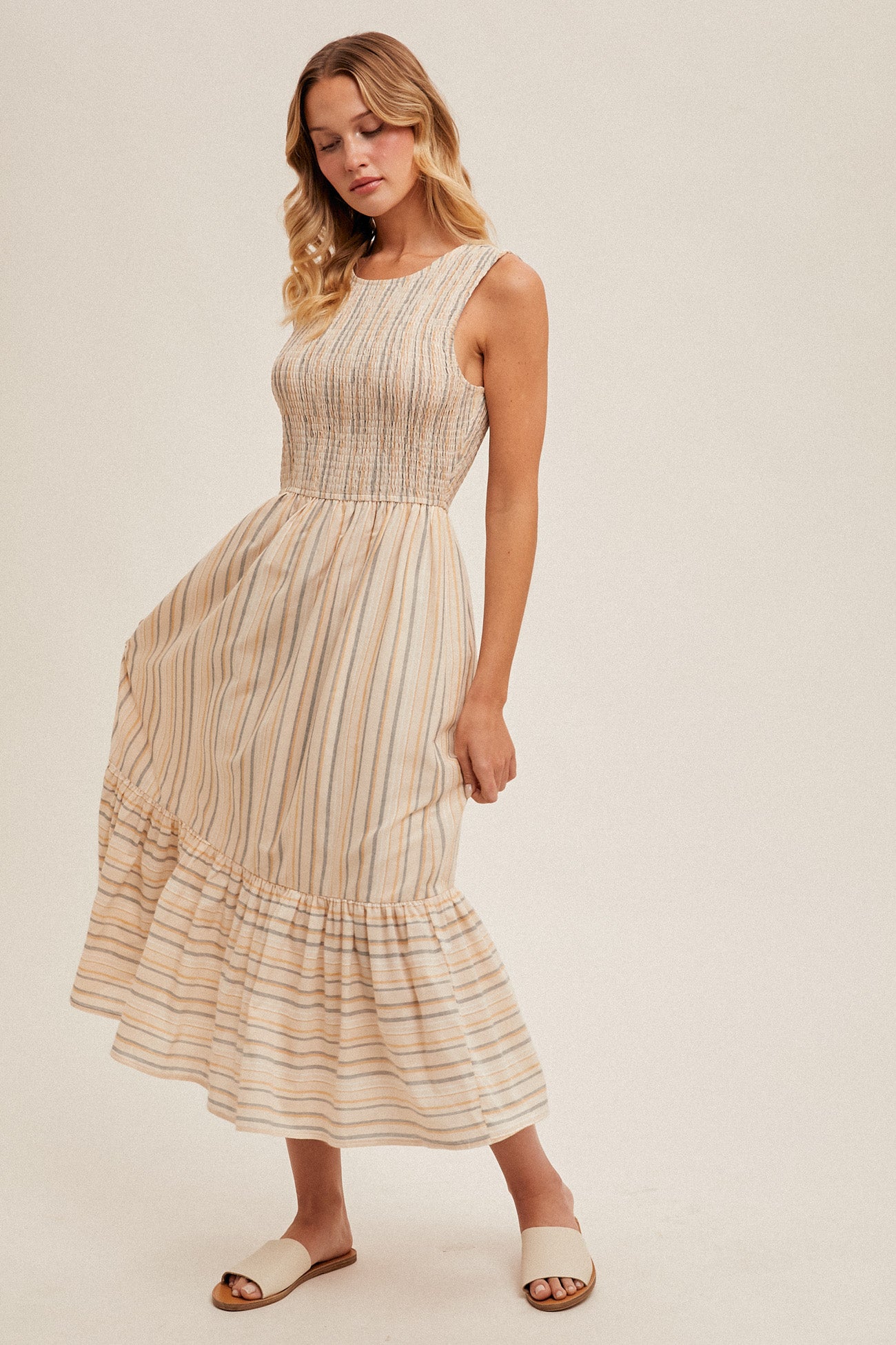 Sleeveless Smocked Stripe Midi Dress Taupe