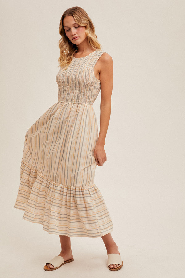 Sleeveless Smocked Stripe Midi Dress Taupe