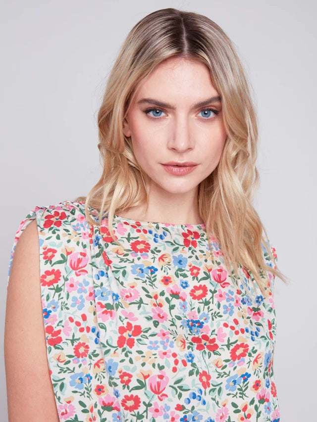 Printed Sleeveless Satin Tie Waist Top Ditsy