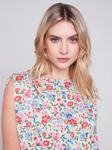 Printed Sleeveless Satin Tie Waist Top Ditsy