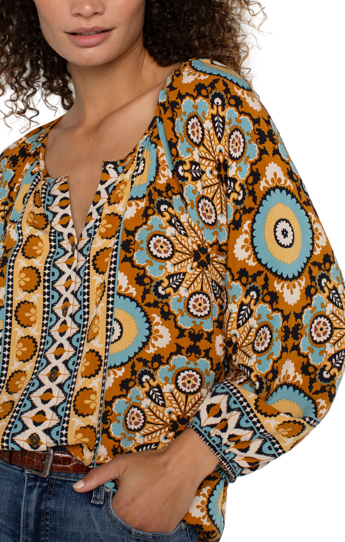Bishop Sleeve Button Front Woven Printed Blouse Ocean Jasper Multi