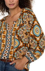 Bishop Sleeve Button Front Woven Printed Blouse Ocean Jasper Multi
