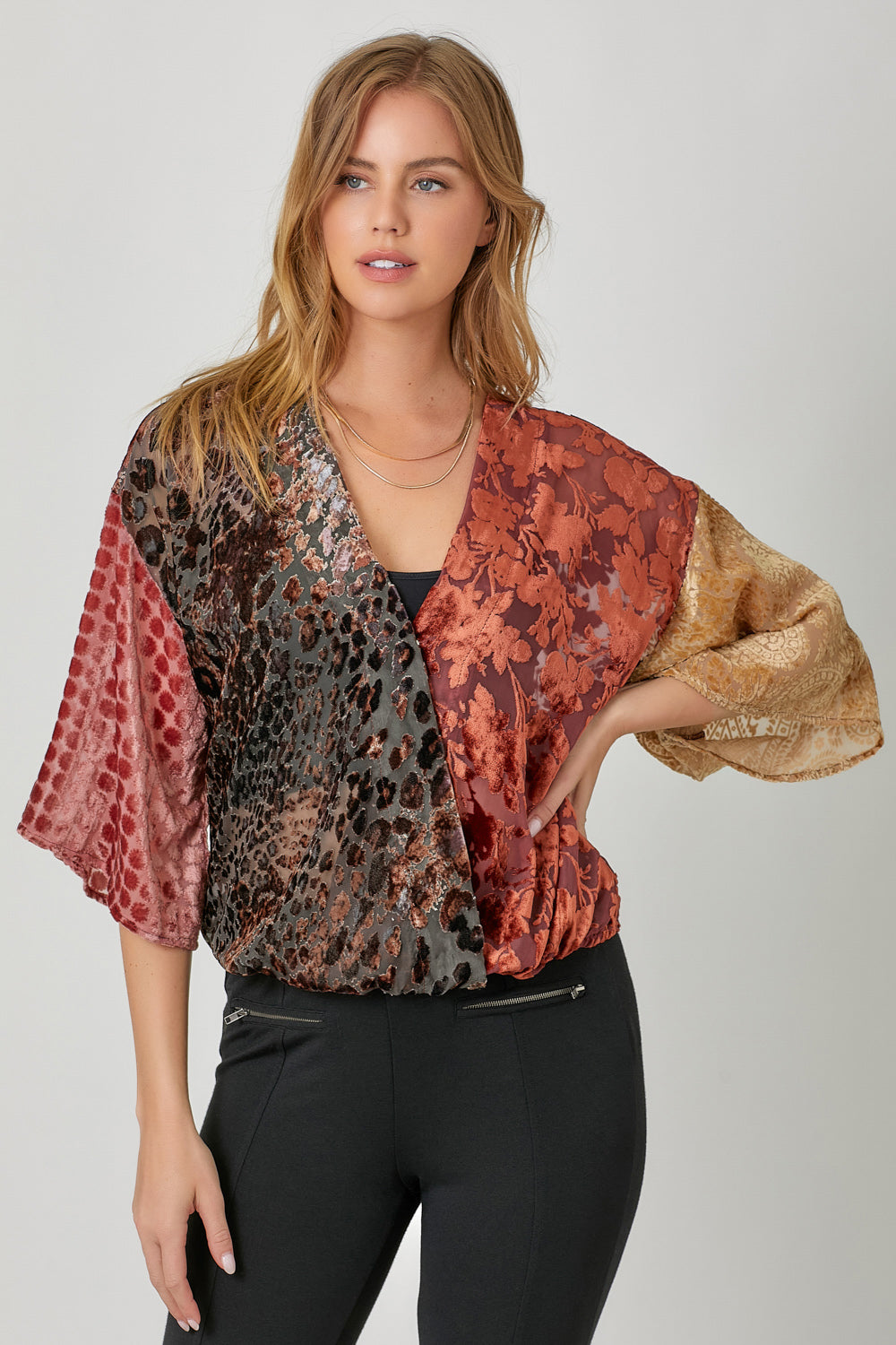 Mixed Print Kimono Sleeve Burnout Velvet Top Burgundy
