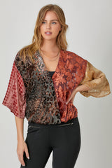Mixed Print Kimono Sleeve Burnout Velvet Top Burgundy