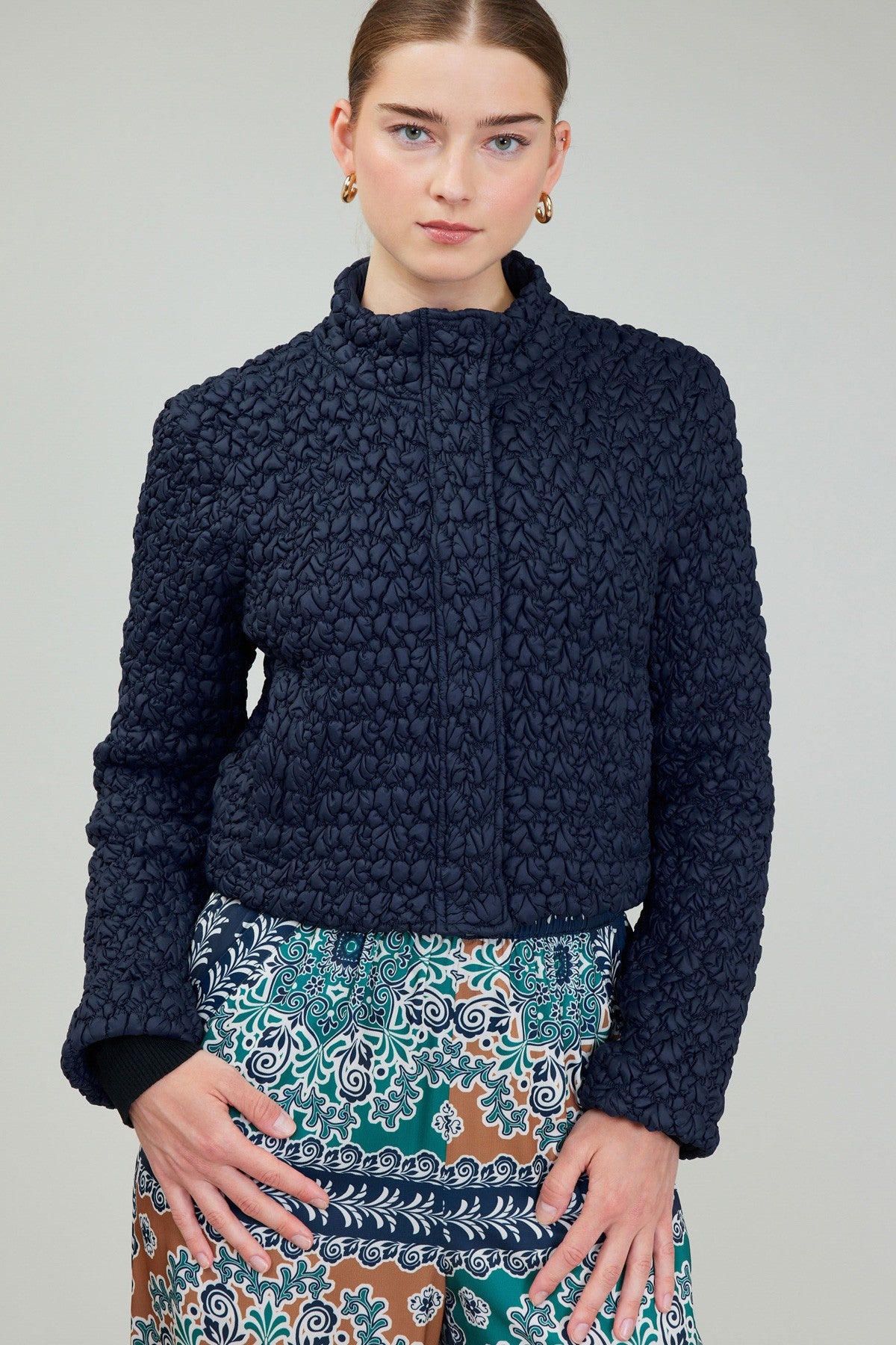 Bubble Quilted Zip Up Jacket Navy