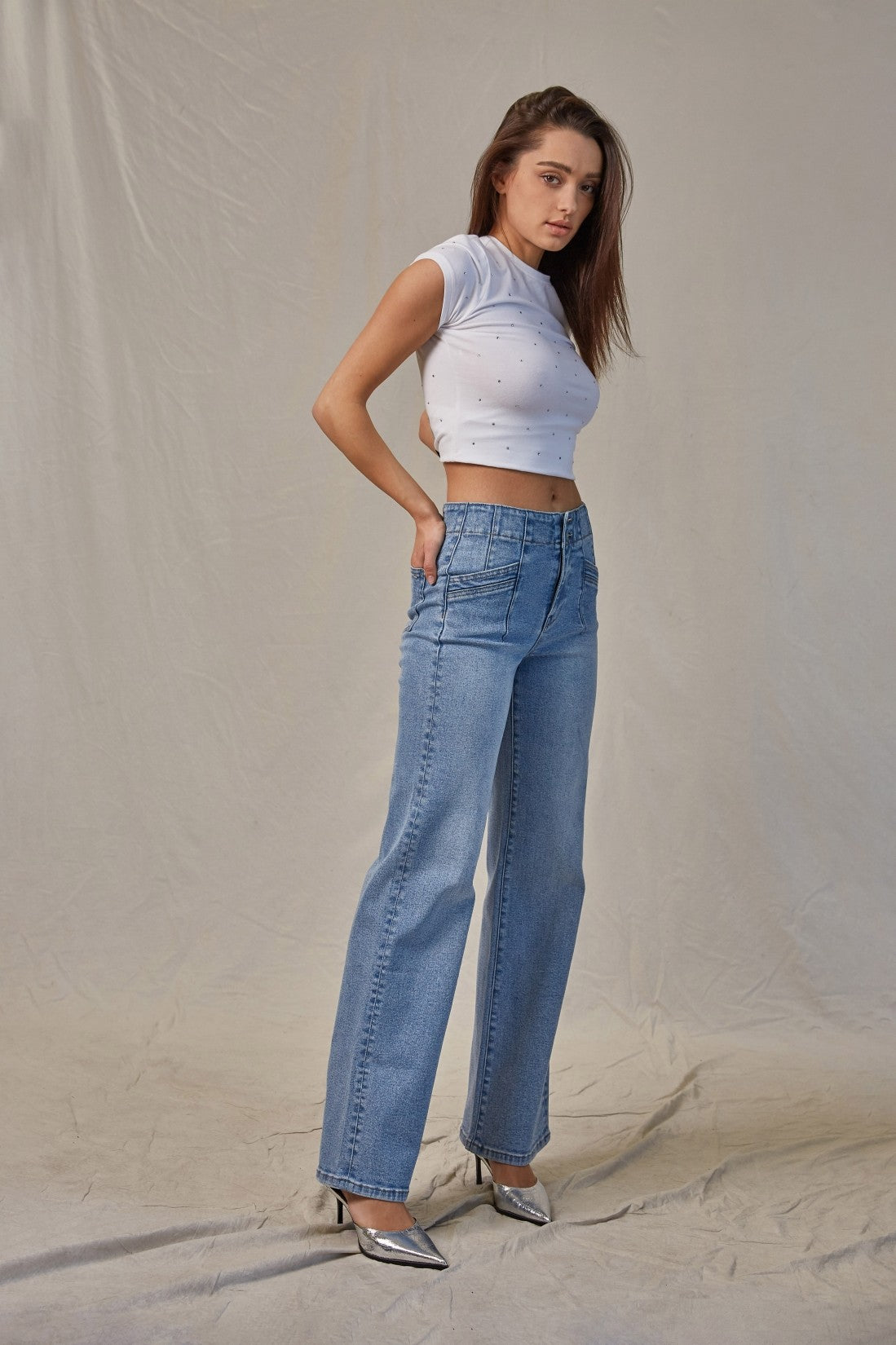 High Rise Wide Leg Angled Pocket Jeans Light Wash