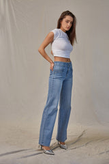 High Rise Wide Leg Angled Pocket Jeans Light Wash