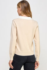 Two Fer Vneck Knit Polo Sweater Cream