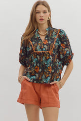Botanical Print Band Collar Scallop Detail Dolman Top Black